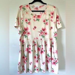 Chic Soul Uncomplicated Appeal Floral Babydoll Top, Cream and Pink Blossoms 2X
